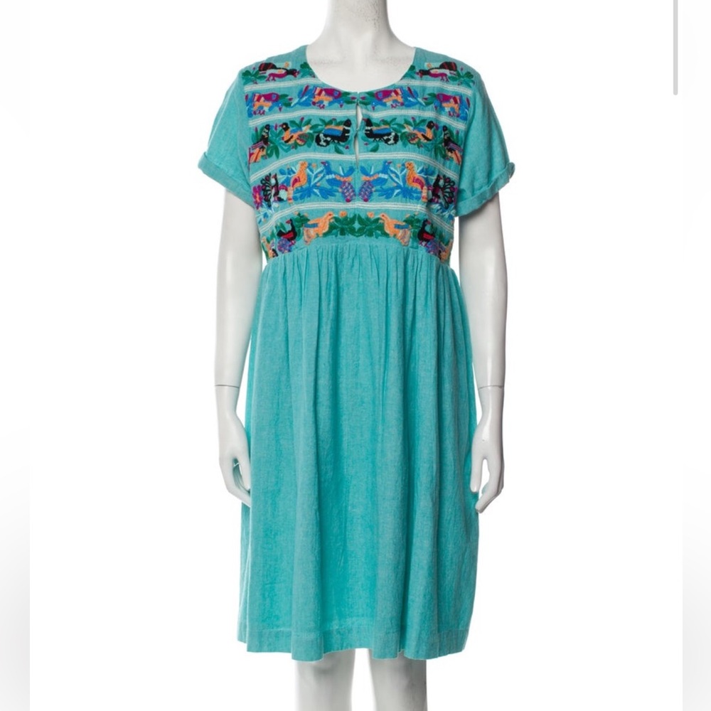 Roller Rabbit Turquoise Dress with Multicolor Embroidery